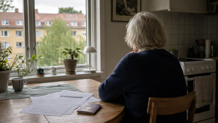 Elderly British resident at home in Sweden with documents relating to a residence case.