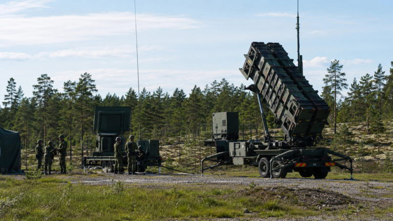 Patriot air defence launcher at a military training area in Sweden