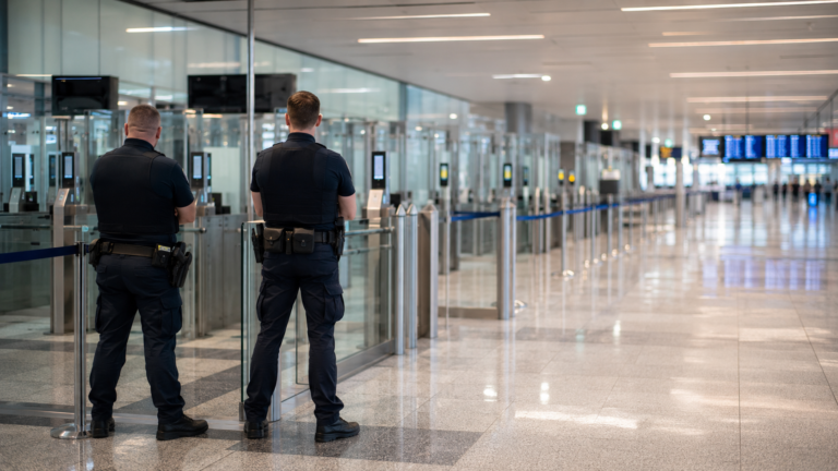 Police at an international airport representing wanted suspects arrested abroad