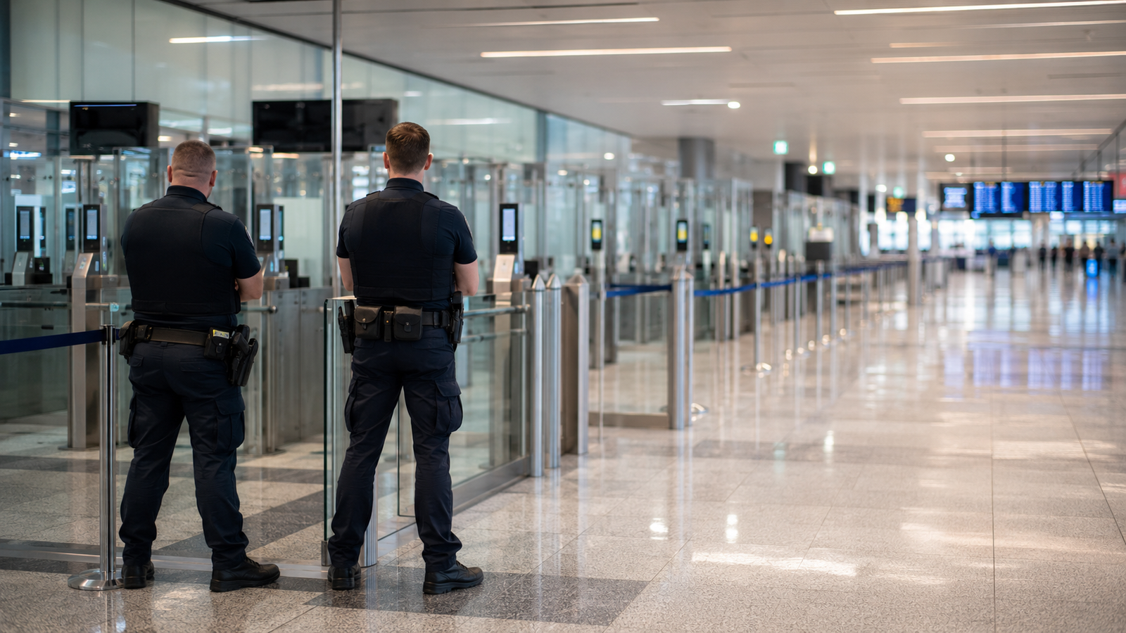Police at an international airport representing wanted suspects arrested abroad