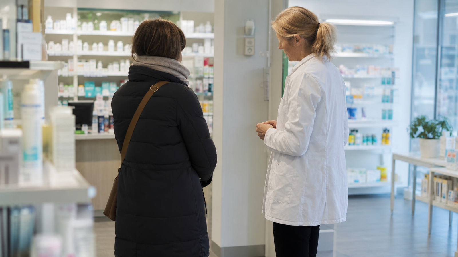 Customer having a private conversation with a pharmacist in a Swedish pharmacy.