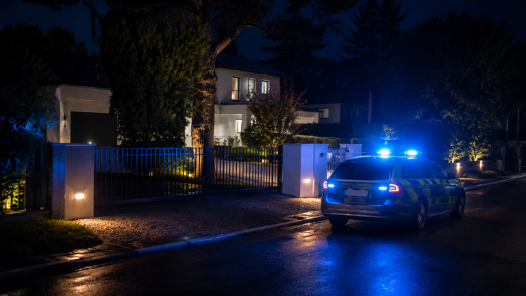 Police vehicle outside a residential property after a Swedish luxury villa burglary