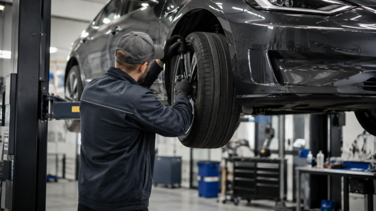 Technician inspecting a car during the Tesla suspension investigation