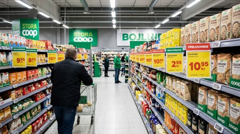 A supermarket aisle in a Swedish grocery store with product shelves and price tags.