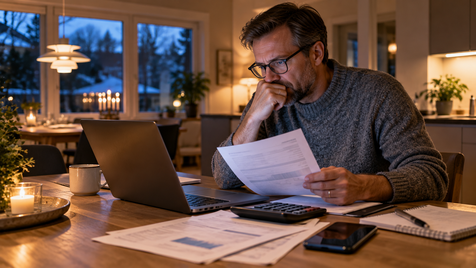 An electricity bill and laptop displaying energy graphs on a wooden desk in a Swedish apartment.