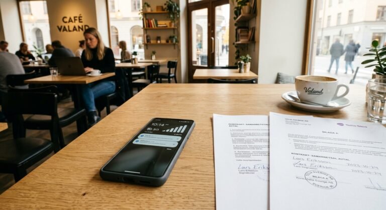A smartphone resting on a wooden surface showing mobile connectivity indicators in Sweden.
